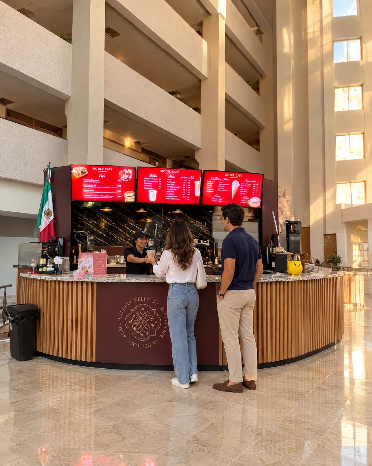 La barra de XiC Deli Café en el atrio del hotel