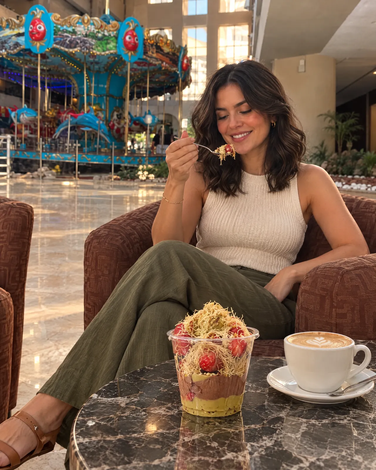 Una clienta con Fresas Dubai y capuchino en los sillones del lobby